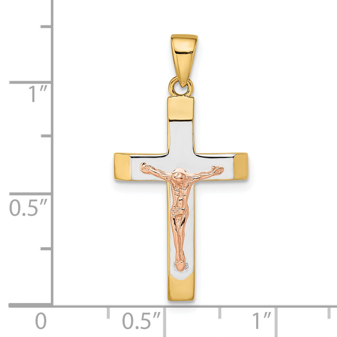 Colgante de Crucifijo Grande con Biselado en Oro de 14k Amarillo y Rosa con Rodio Blanco