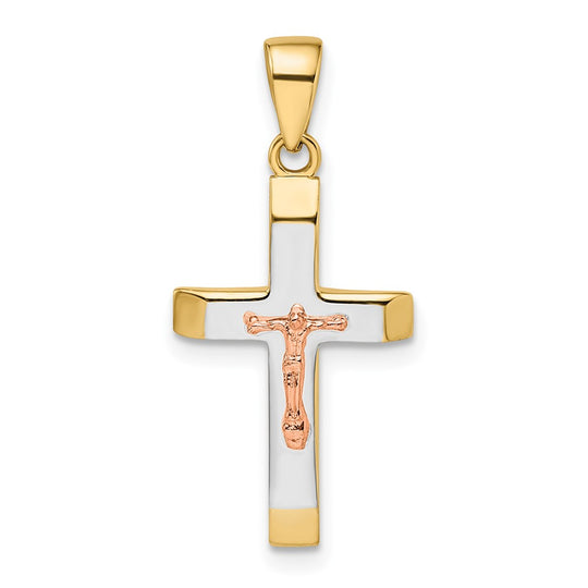 Colgante de Crucifijo Mediano en Oro Bicolor de 14k con Rodio Blanco y Biselado