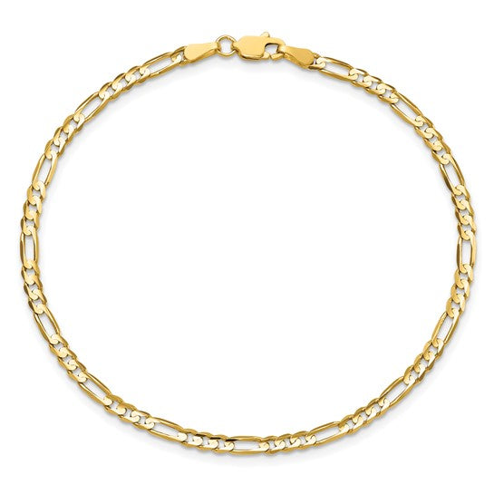 Pulsera Figaro abierta cóncava de 14k y 3 mm