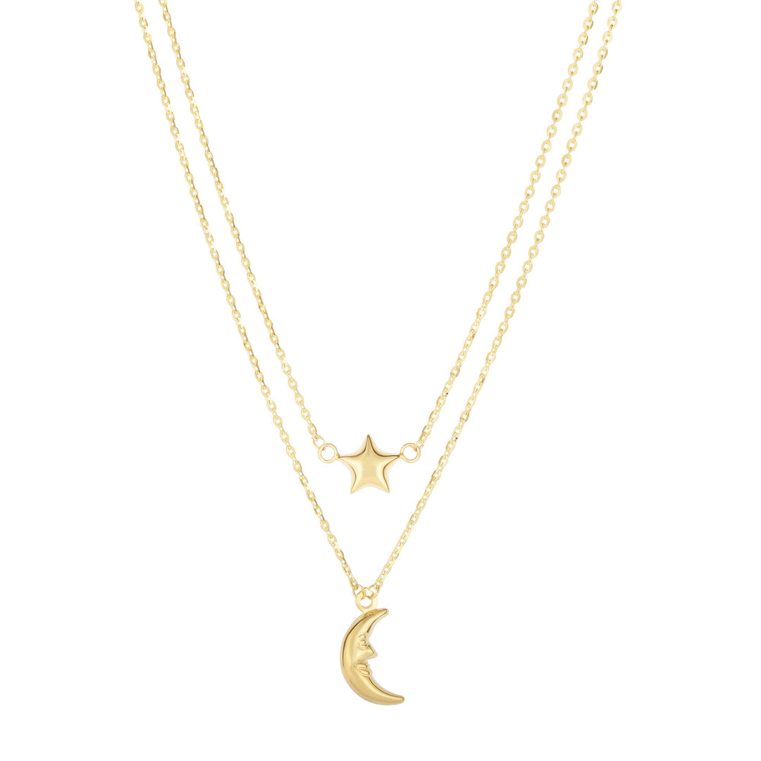 Collar de multiples vueltas con luna y estrella pulida en oro de 14 quilates