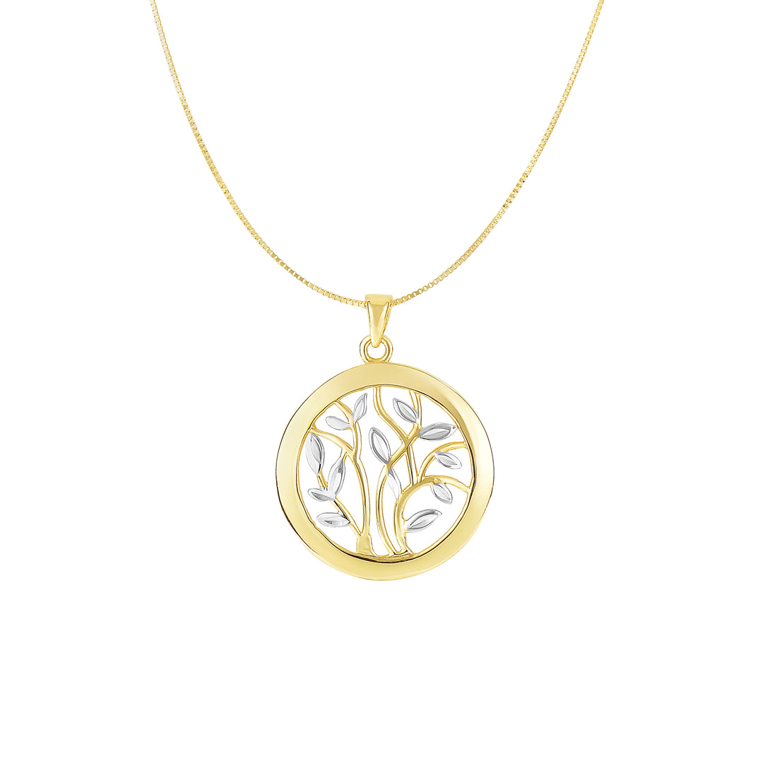 Collar circular pulido con árbol de la vida en oro bicolor de 14 quilates