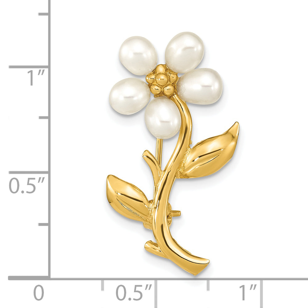 Broche de Flor con Perla de Arroz Blanca de 4-5mm y Oro Amarillo de 14k