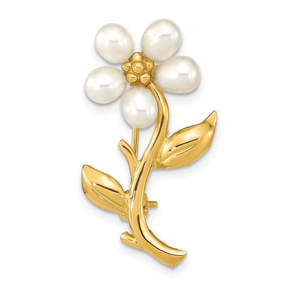 Broche de Flor con Perla de Arroz Blanca de 4-5mm y Oro Amarillo de 14k