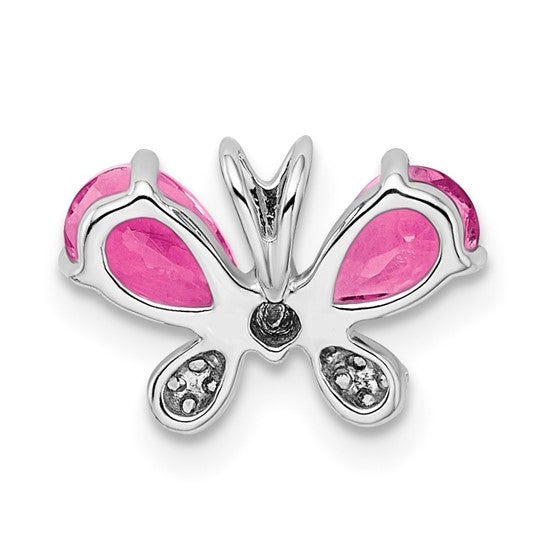 14k Oro Blanco Turmalina Rosa y Diamante Mariposa Colgante Deslizante