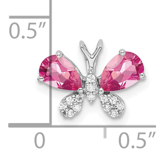 14k Oro Blanco Turmalina Rosa y Diamante Mariposa Colgante Deslizante