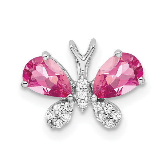 14k Oro Blanco Turmalina Rosa y Diamante Mariposa Colgante Deslizante