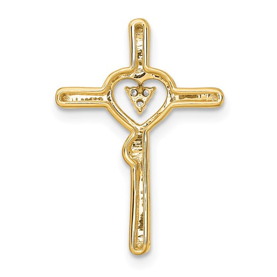 Dije de Oro Amarillo de 14k en Forma de Cruz Pulida con Corazón y Diamantes para Cadena Deslizante