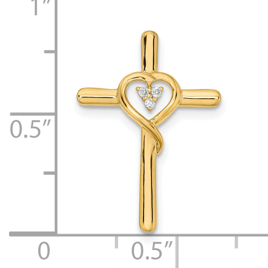 Dije de Oro Amarillo de 14k en Forma de Cruz Pulida con Corazón y Diamantes para Cadena Deslizante