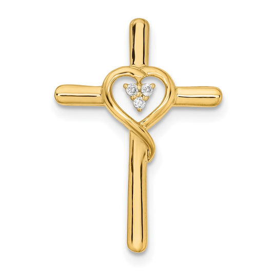 Dije de Oro Amarillo de 14k en Forma de Cruz Pulida con Corazón y Diamantes para Cadena Deslizante