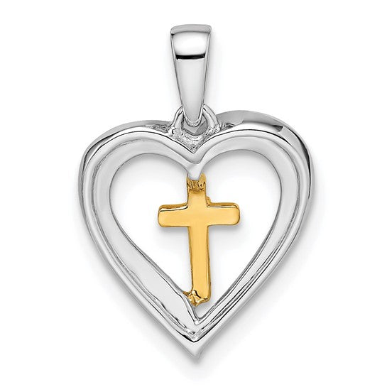 Colgante de Corazón con Cruz en Oro 14k Bicolor con Diamantes