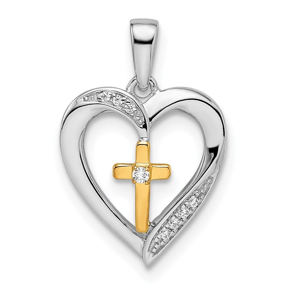 Colgante de Corazón con Cruz en Oro 14k Bicolor con Diamantes