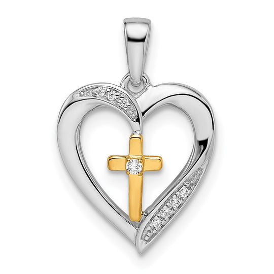 Colgante de Corazón con Cruz en Oro 14k Bicolor con Diamantes