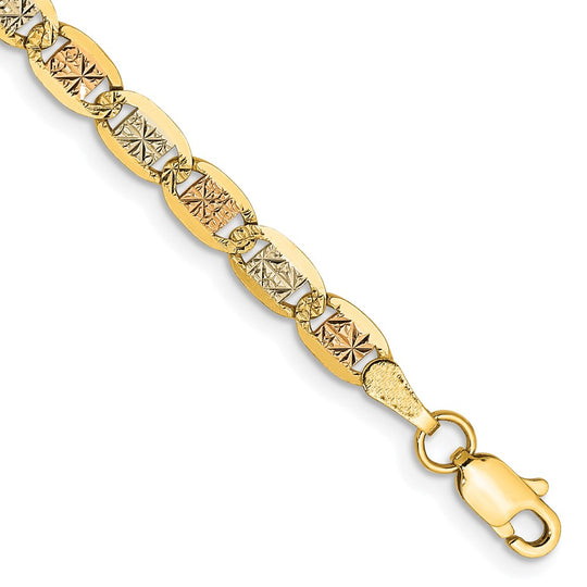 Pulsera Tri-color Pavé Valentino de 14k de 8 pulgadas y 3.8 mm con Cierre de Langosta