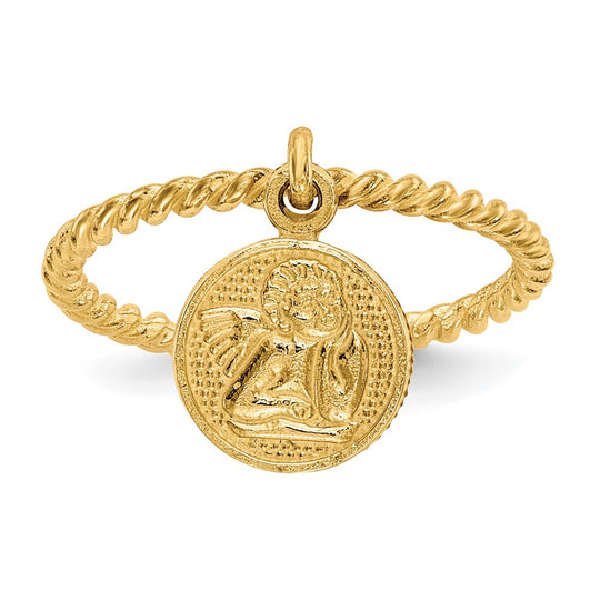 Anillo Infantil con Colgante de Ángel en Oro Amarillo Pulido de 14k