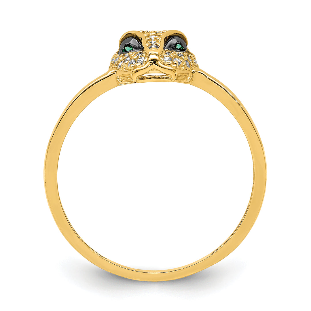 Anillo Cabeza de Leona con CZ Verde y Blanco Pulido en Oro Amarillo de 14k