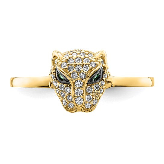 Anillo Cabeza de Leona con CZ Verde y Blanco Pulido en Oro Amarillo de 14k