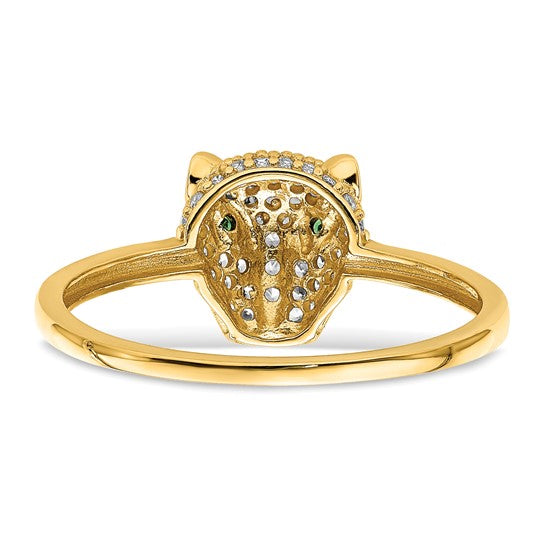 Anillo Cabeza de Leona con CZ Verde y Blanco Pulido en Oro Amarillo de 14k