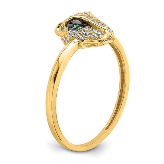 Anillo Cabeza de Leona con CZ Verde y Blanco Pulido en Oro Amarillo de 14k