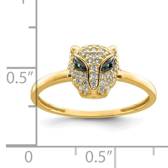 Anillo Cabeza de Leona con CZ Verde y Blanco Pulido en Oro Amarillo de 14k