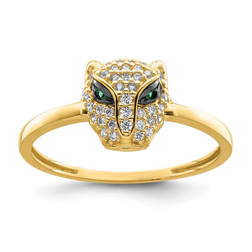 Anillo Cabeza de Leona con CZ Verde y Blanco Pulido en Oro Amarillo de 14k