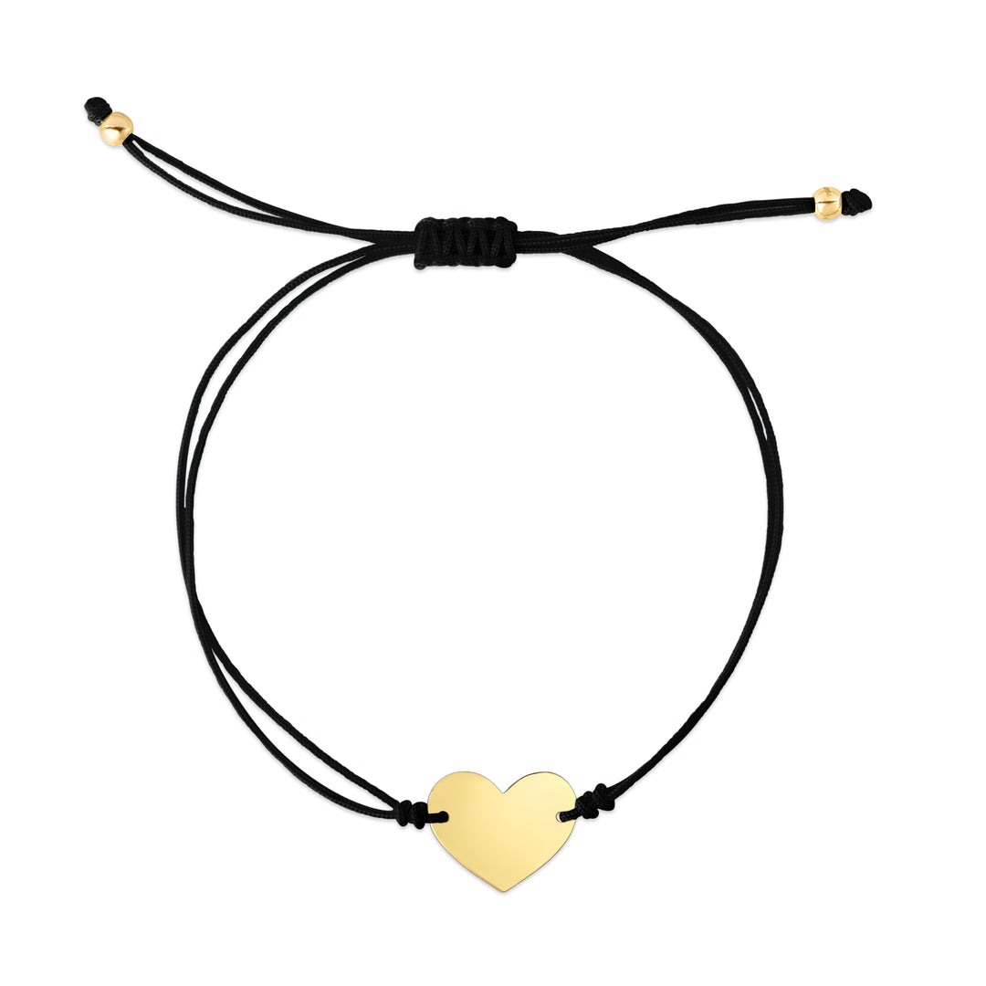 Pulsera ajustable con coraón de cordón negro de 14 quilates