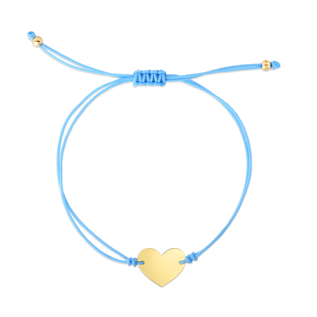 Pulsera ajustable con corazón de cordón azul de 14 quilates