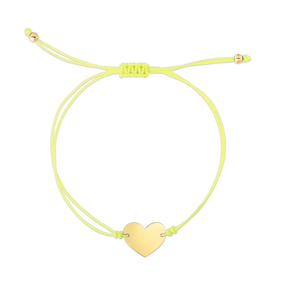 Pulsera ajustable con corazón de cordón amarillo de 14 quilates