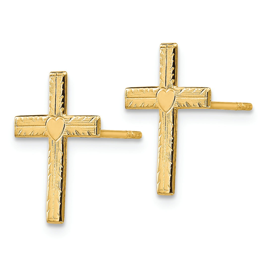 Pendientes Corazón Crucifijo Pulido y Satinado de 14k en Oro Amarillo