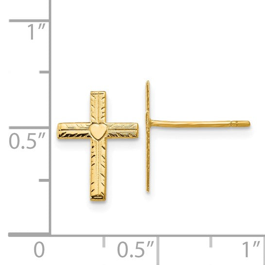 Pendientes Corazón Crucifijo Pulido y Satinado de 14k en Oro Amarillo