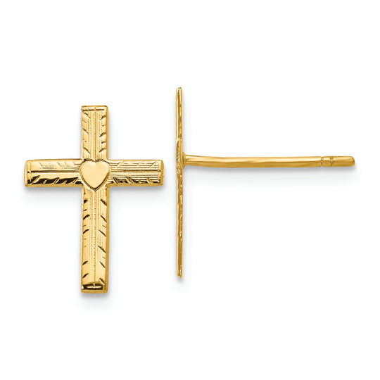 Pendientes Corazón Crucifijo Pulido y Satinado de 14k en Oro Amarillo