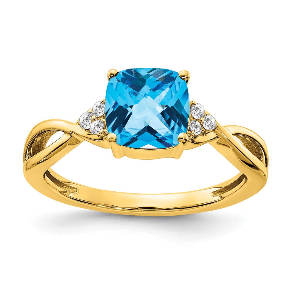 Anillo de Topacio Azul con Diseño de Tablero de Ajedrez y Diamante en Oro de 14k