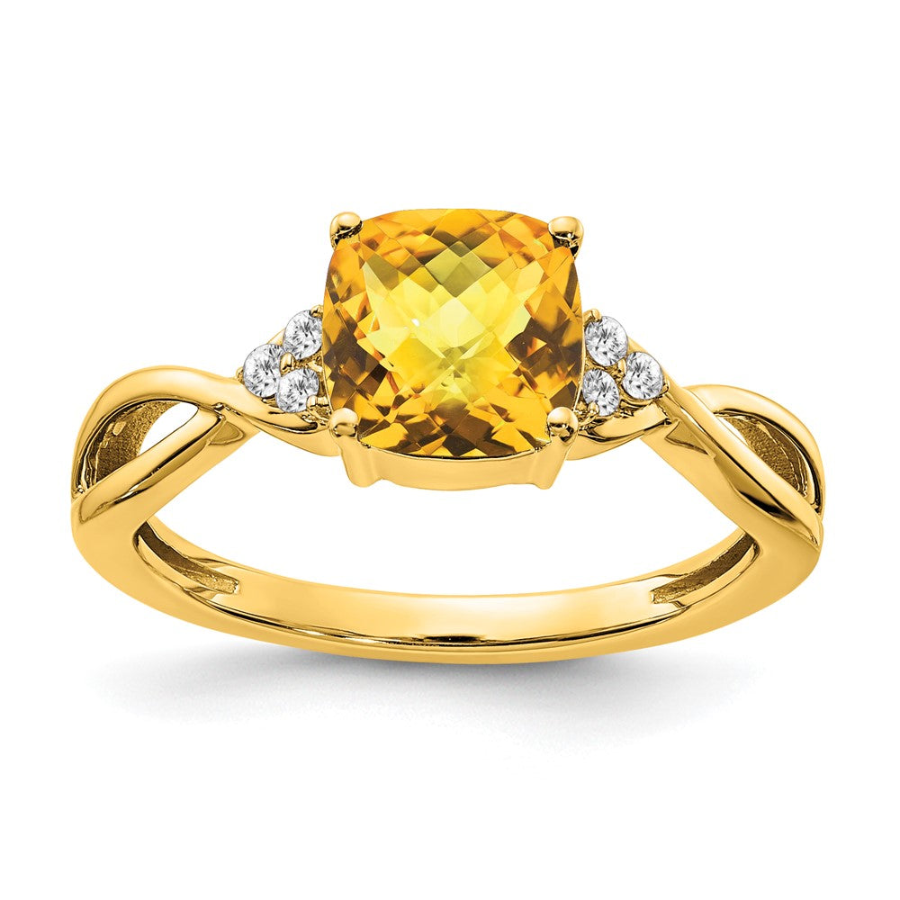 Anillo de Citrino y Diamante en Oro Amarillo de 14k con Corte Checkerboard