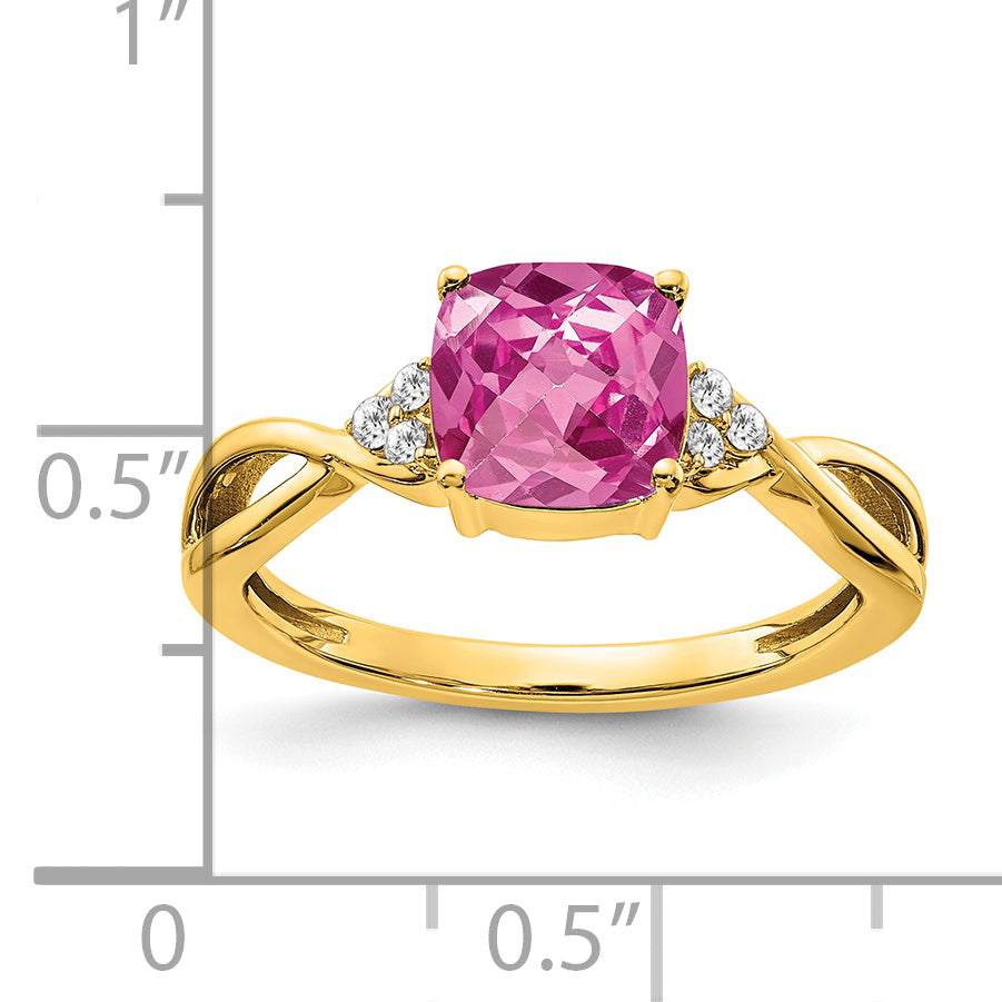 Anillo de Zafiro Rosa Creado y Diamantes con Corte Checkerboard de Oro Amarillo de 14k