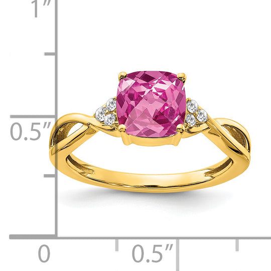 Anillo de Zafiro Rosa Creado y Diamantes con Corte Checkerboard de Oro Amarillo de 14k