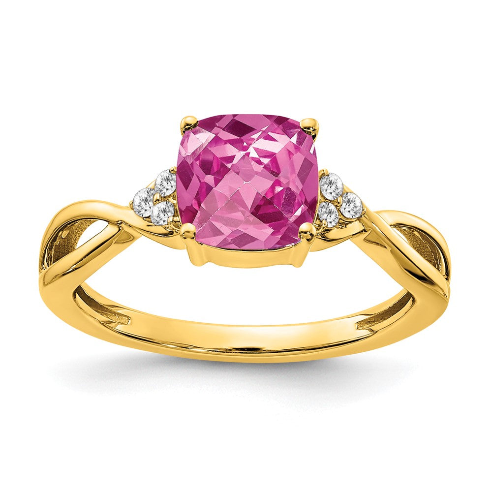 Anillo de Zafiro Rosa Creado y Diamantes con Corte Checkerboard de Oro Amarillo de 14k