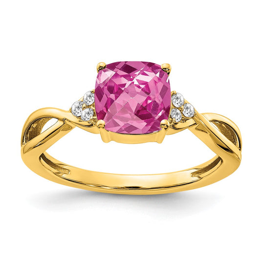 Anillo de Zafiro Rosa Creado y Diamantes con Corte Checkerboard de Oro Amarillo de 14k