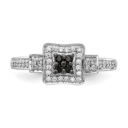 Anillo Cuadrado de Diamantes Blancos y Negros en Oro Blanco de 14k