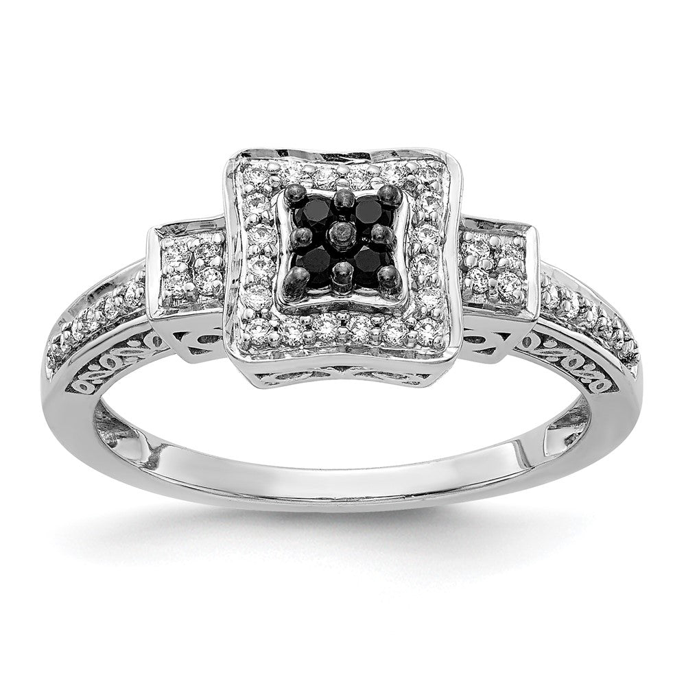 Anillo Cuadrado de Diamantes Blancos y Negros en Oro Blanco de 14k