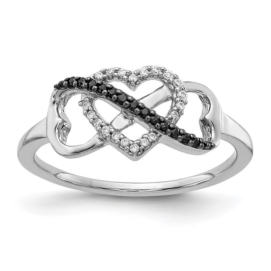 Anillo de Diamante con Corazón y El Infinito en Oro Blanco de 14k con Diamantes Negros y Blancos