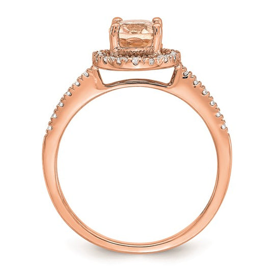 Anillo de Compromiso Completo Blooming Bridal en Oro Rosa de 14k con Halo, Morganita Ovalada de 8x6 mm y Diamantes de 1/3 Quilates