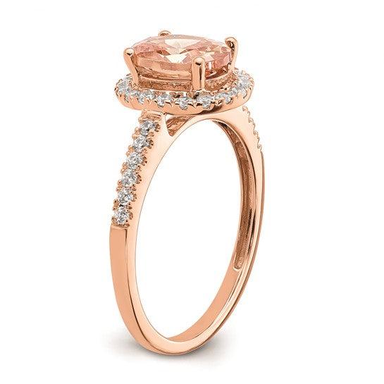 Anillo de Compromiso Completo Blooming Bridal en Oro Rosa de 14k con Halo, Morganita Ovalada de 8x6 mm y Diamantes de 1/3 Quilates