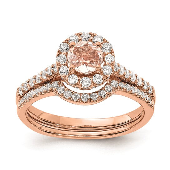 Anillo de Compromiso Completo Blooming Bridal en Oro Rosa de 14k con Halo, Morganita Redonda de 5.2 mm y Diamantes de 3/8 Quilates