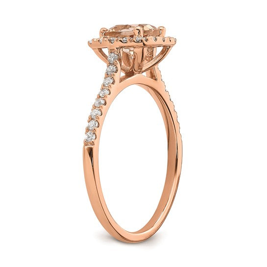 Anillo de Compromiso Completo Blooming Bridal en Oro Rosa de 14k con Halo, Morganita de Corte Cojín de 6.00 mm y Diamantes de 1/4 Quilates