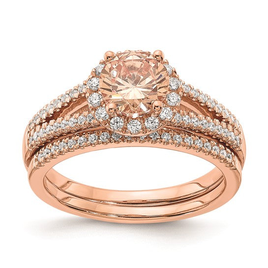 Anillo de Compromiso Completo Blooming Bridal en Oro Rosa de 14k con Halo, Morganita Redonda de 6.5 mm y Diamantes de 1/4 Quilates