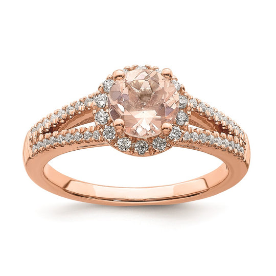 Anillo de Compromiso Completo Blooming Bridal en Oro Rosa de 14k con Halo, Morganita Redonda de 6.5 mm y Diamantes de 1/4 Quilates