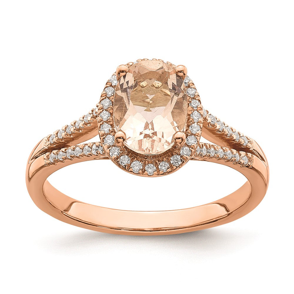 Anillo de Compromiso Completo Blooming Bridal en Oro Rosa de 14k con Halo, Morganita Ovalada de 8x6 mm y Diamante de 1/5 Quilates