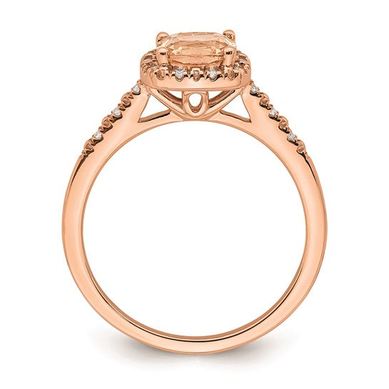 Anillo de Compromiso Completo Blooming Bridal en Oro Rosa de 14k con Halo, Morganita de Corte Cojín de 6.00 mm y Diamante de 1/15 Quilates