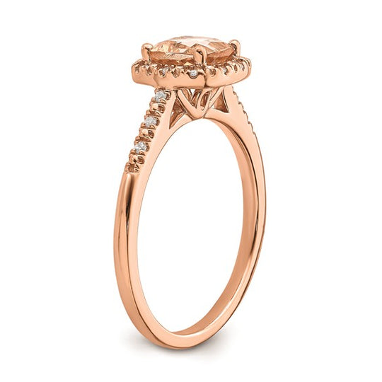 Anillo de Compromiso Completo Blooming Bridal en Oro Rosa de 14k con Halo, Morganita de Corte Cojín de 6.00 mm y Diamante de 1/15 Quilates