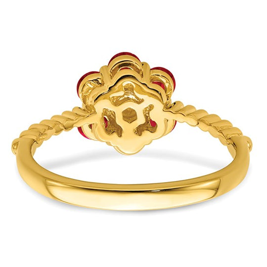 Anillo Floral con Rubí y Diamantes en Oro Amarillo de 14k