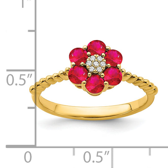 Anillo Floral con Rubí y Diamantes en Oro Amarillo de 14k